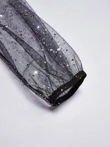 Miaspire 優雅圓領對比網紗長袖亮片洋裝，適合中老年女性 - 黑色 - 查看 6
