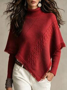 SHEIN 2 Pieces Turtleneck Sweater Set Fringe Cable Knit Asymmetrical Cape Shawl Long Sleeve Ribbed Top - Red - View 7