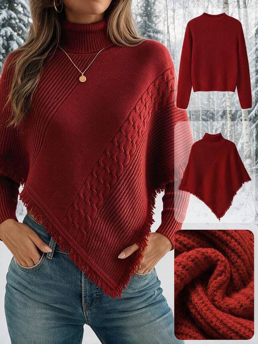 SHEIN 2 Pieces Turtleneck Sweater Set Fringe Cable Knit Asymmetrical Cape Shawl Long Sleeve Ribbed Top - Red - View 1