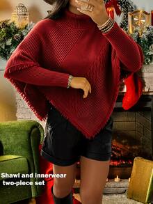 SHEIN 2 Pieces Turtleneck Sweater Set Fringe Cable Knit Asymmetrical Cape Shawl Long Sleeve Ribbed Top - Red - View 8