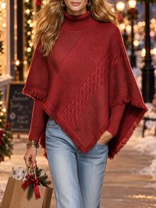 SHEIN 2 Pieces Turtleneck Sweater Set Fringe Cable Knit Asymmetrical Cape Shawl Long Sleeve Ribbed Top - Red - View 2