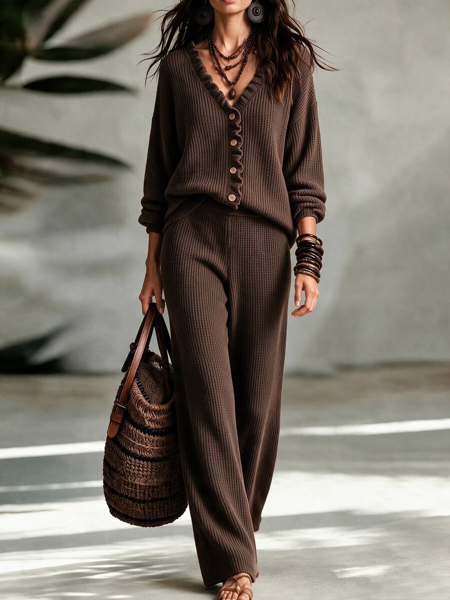 SHEIN Tan Textured-Knit Ruffled V-Neck Button-Front Cardigan + Straight Pants, Loose Casual Country-Style Fall/Winter Set,Halloween - Chocolate Brown - View 1