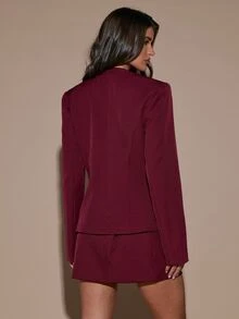 SHEIN BAE Women's Solid Color Round Neck Long Sleeve Jacket And Skirt Elegant Suit Set - Burgundy - View 2