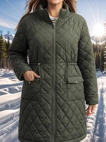 SHEIN LUNE Plus Size Winter Casual Versatile Drawstring Waist Jacket - Army Green - View 10