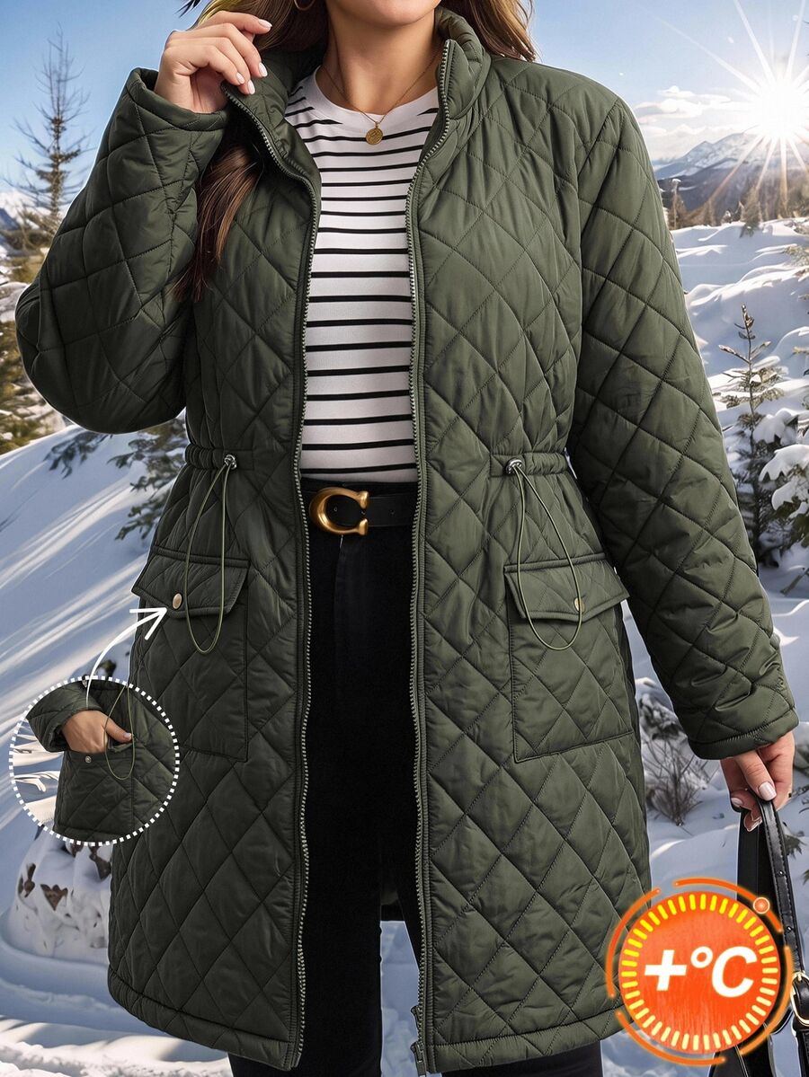 SHEIN LUNE Plus Size Winter Casual Versatile Drawstring Waist Jacket - Army Green - View 1