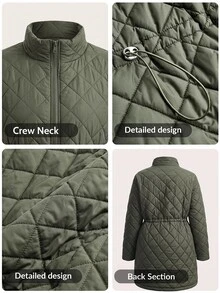 SHEIN LUNE Plus Size Winter Casual Versatile Drawstring Waist Jacket - Army Green - View 9
