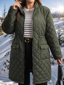 SHEIN LUNE Plus Size Winter Casual Versatile Drawstring Waist Jacket - Army Green - View 11