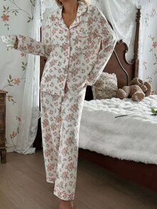 CottageSlumber 泡泡纹理花卉印花翻领女士睡衣套装 新娘睡衣套装 复古睡衣套装 秋冬服装 - 杏色 - 查看 4