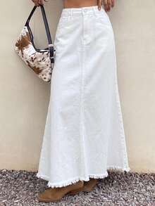 DAZY Women's Casual Plain Frayed Hem Denim Mermaid Skirt, Spring/Summer Fall - White - View 5