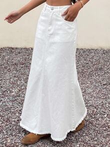 DAZY Women's Casual Plain Frayed Hem Denim Mermaid Skirt, Spring/Summer Fall - White - View 2