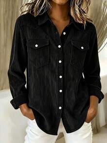 Holdful Holdful Women's Solid Color Long Sleeve Single-Breasted Pocket Casual Shirt - Black - View 1