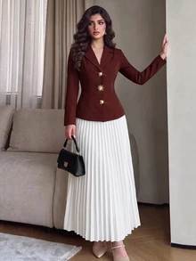 Modelyn 女款休閒法式優雅通勤西裝外套,長袖不對稱鈕扣修身夾克,百褶裙兩件套,秋季/辦公室早午餐白色 - 鏽棕色 - 查看 6