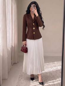 Modelyn 女款休閒法式優雅通勤西裝外套,長袖不對稱鈕扣修身夾克,百褶裙兩件套,秋季/辦公室早午餐白色 - 鏽棕色 - 查看 2