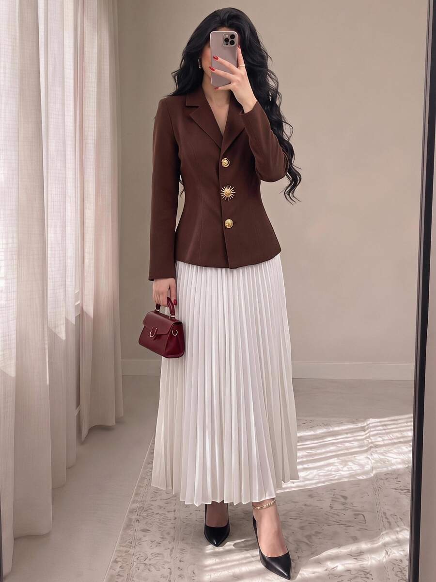 Modelyn 女款休閒法式優雅通勤西裝外套，長袖不對稱鈕扣修身夾克，百褶裙兩件套，秋季/辦公室早午餐白色