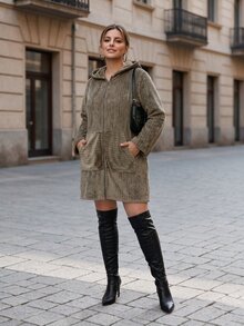 Chikora Plus Size Women Solid Color Hooded Casual Versatile Long Sleeve Jacket - Green - View 3
