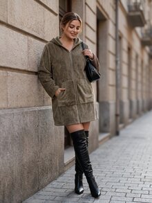 Chikora Plus Size Women Solid Color Hooded Casual Versatile Long Sleeve Jacket - Green - View 5