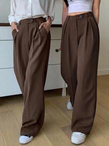 DAZY Women's Solid Color Straight Leg Business Casual Dress Pants - Chocolate Brown - View 5