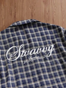 SWAVVY 男士拼接格紋與字母印花二合一襯衫 - 寶藍色 - 查看 2