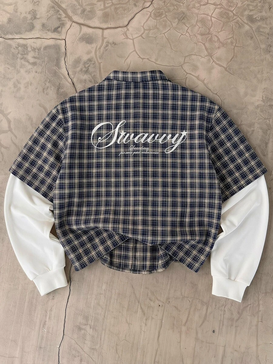 SWAVVY Men's Patchwork Plaid & Letter Print 2 In 1 Shirt - Royal Blue - View 1