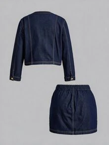 SHEIN MOD 大尺碼女款雙排扣長袖牛仔外套與牛仔裙兩件套，靜奢風，巴黎時髦，早午約會造型，辦公室穿搭 - 藍色 - 查看 8