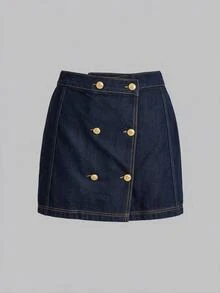 SHEIN MOD 大尺碼女款雙排扣長袖牛仔外套與牛仔裙兩件套，靜奢風，巴黎時髦，早午約會造型，辦公室穿搭 - 藍色 - 查看 11