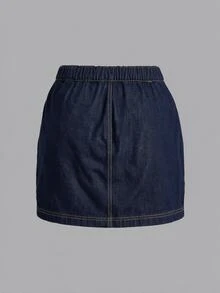 SHEIN MOD 大尺碼女款雙排扣長袖牛仔外套與牛仔裙兩件套，靜奢風，巴黎時髦，早午約會造型，辦公室穿搭 - 藍色 - 查看 10