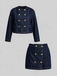 SHEIN MOD 大尺碼女款雙排扣長袖牛仔外套與牛仔裙兩件套，靜奢風，巴黎時髦，早午約會造型，辦公室穿搭 - 藍色 - 查看 9
