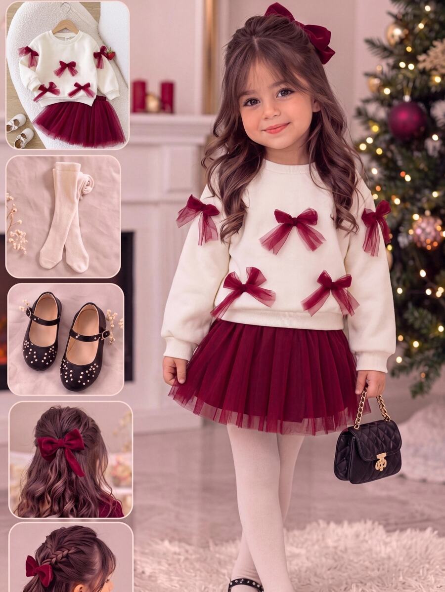 SHEIN Baby Girl Knit Solid Color Contrast Mesh Bow Sweatshirt And Red Mesh Autumn Skirt 2 Pieces Set,Christmas - Multicolor - View 1
