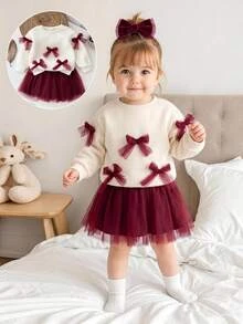 SHEIN Baby Girl Knit Solid Color Contrast Mesh Bow Sweatshirt And Red Mesh Autumn Skirt 2 Pieces Set,Christmas - Multicolor - View 6