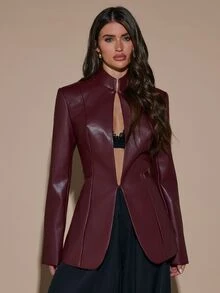 SHEIN BAE Women's Solid Color Long Sleeve PU Leather Fashion Stand Collar Blazer - Burgundy - View 6