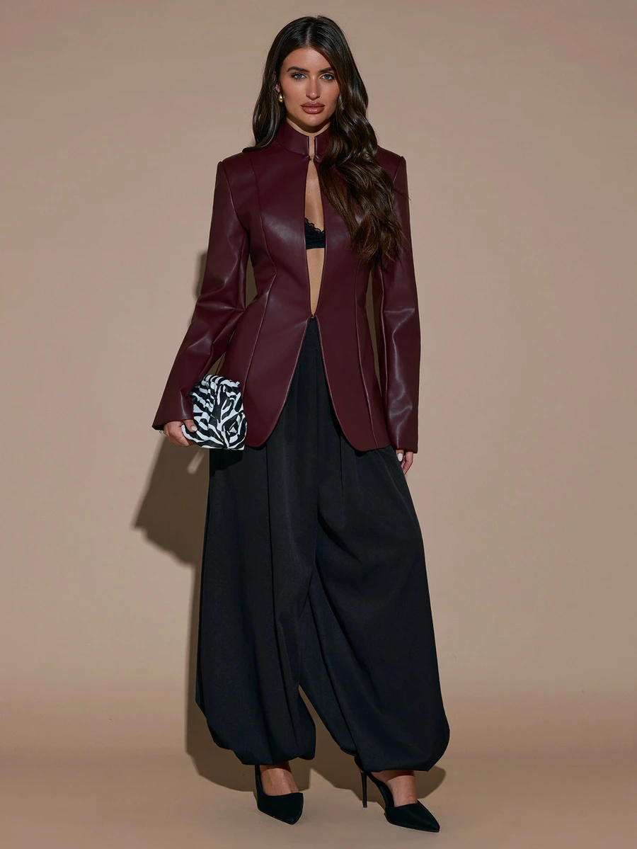 SHEIN BAE جاكيت بليزر نسائي بلون موحد وأكمام طويلة من جلد البولي يوريثان بياقة واقفة عصرية - عنابي اللون - مشاهدة 1