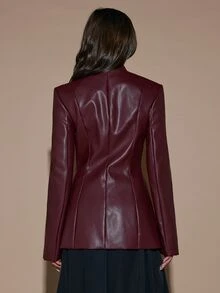 SHEIN BAE Women's Solid Color Long Sleeve PU Leather Fashion Stand Collar Blazer - Burgundy - View 2