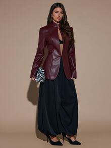 SHEIN BAE Women's Solid Color Long Sleeve PU Leather Fashion Stand Collar Blazer - Burgundy - View 3