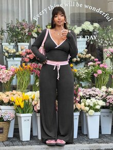 GalTyme Plus Size Women's Trim Long Sleeve T-Shirt And Waist Tie Pants Casual 2 Pieces Set Fall - Dark Grey - View 6