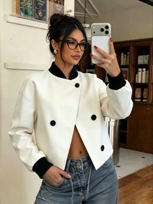 SHEIN 女款秋季鈕扣立領極簡法式優雅夾克 日常穿搭 黑白拼接色塊不對稱下擺休閒款 2026新款 - 淺灰色 - 查看 1