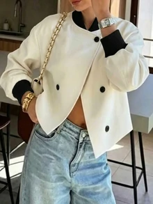 SHEIN 女款秋季鈕扣立領極簡法式優雅夾克 日常穿搭 黑白拼接色塊不對稱下擺休閒款 2026新款 - 淺灰色 - 查看 6