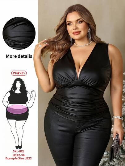 SHEIN CURVE+ ملابس علوية بدون أكمام بياقة على شكل حرف V مطوية من مادة PU بلون موحد للنساء ذوات الحجم الكبير، مناسبة لحفلات العطلات والولائم والكريسماس والهالوين