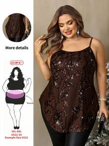 SHEIN CURVE+ Plus Size 22W Autumn/Winter New Camisole And Tank Top, Brown Mesh Sequin Holiday Party Style, Christmas Halloween Camisole - Brown - View 1