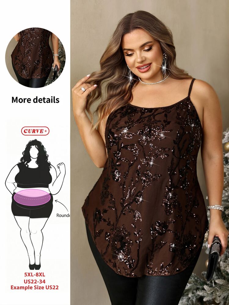SHEIN CURVE+ 大尺碼 22W 秋冬新款細肩帶背心，棕色網紗亮片節日派對風，聖誕萬聖節細肩帶背心 - 棕色 - 查看 1