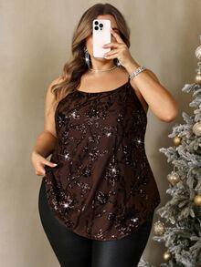 SHEIN CURVE+ Plus Size 22W Autumn/Winter New Camisole And Tank Top, Brown Mesh Sequin Holiday Party Style, Christmas Halloween Camisole - Brown - View 7