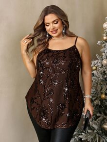 SHEIN CURVE+ Plus Size 22W Autumn/Winter New Camisole And Tank Top, Brown Mesh Sequin Holiday Party Style, Christmas Halloween Camisole - Brown - View 5