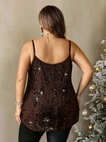 SHEIN CURVE+ Plus Size 22W Autumn/Winter New Camisole And Tank Top, Brown Mesh Sequin Holiday Party Style, Christmas Halloween Camisole - Brown - View 2