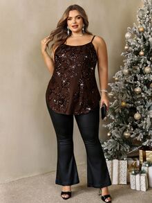 SHEIN CURVE+ Plus Size 22W Autumn/Winter New Camisole And Tank Top, Brown Mesh Sequin Holiday Party Style, Christmas Halloween Camisole - Brown - View 6
