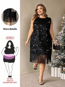 SHEIN CURVE+ Plus Size 22W Autumn/Winter New Sequin Tassel Sleeveless Dress, Suitable For Holiday Parties, Halloween, Christmas - Black - View 5
