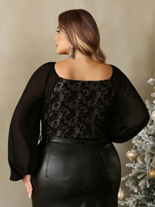 SHEIN CURVE+ ملابس علوية كورسيه عتيقة بمقاس كبير، سوداء اللون، مزينة بالدانتيل والترقيع، بأكمام من الشيفون، مناسبة لعيد الميلاد - الأسود - مشاهدة 2