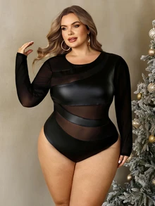 SHEIN CURVE+ بودي سوت مقاس كبير باللون الأسود من جلد PU بتصميم مرقع وأكمام طويلة، للحفلات وعيد الميلاد وهالوين - الأسود - مشاهدة 3