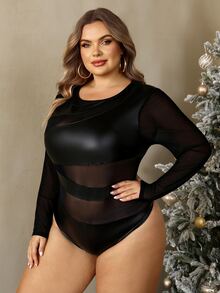 SHEIN CURVE+ بودي سوت مقاس كبير باللون الأسود من جلد PU بتصميم مرقع وأكمام طويلة، للحفلات وعيد الميلاد وهالوين - الأسود - مشاهدة 4