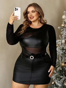SHEIN CURVE+ بودي سوت مقاس كبير باللون الأسود من جلد PU بتصميم مرقع وأكمام طويلة، للحفلات وعيد الميلاد وهالوين - الأسود - مشاهدة 7