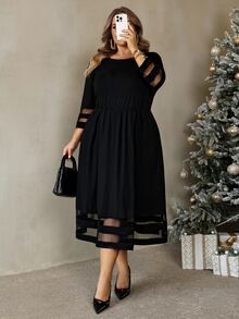 SHEIN CURVE+ Plus Size Autumn Winter New Mesh Patchwork Dress, Top Pick Party Banquet, Halloween, Christmas - Black - View 7
