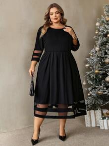 SHEIN CURVE+ Plus Size Autumn Winter New Mesh Patchwork Dress, Top Pick Party Banquet, Halloween, Christmas - Black - View 3